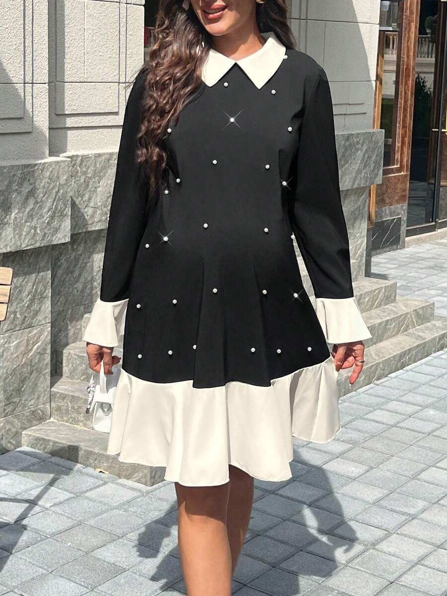 SHEIN 珍珠装饰撞色孕妇长袖连衣裙 - 黑色 - 查看 1