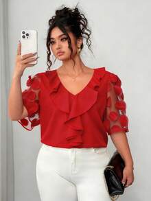 Elenzga Plus Size Women's Sheer Patchwork Puff Sleeve Solid Color V-Neck Ruffle Hem Blouse, Summer - Red - View 1