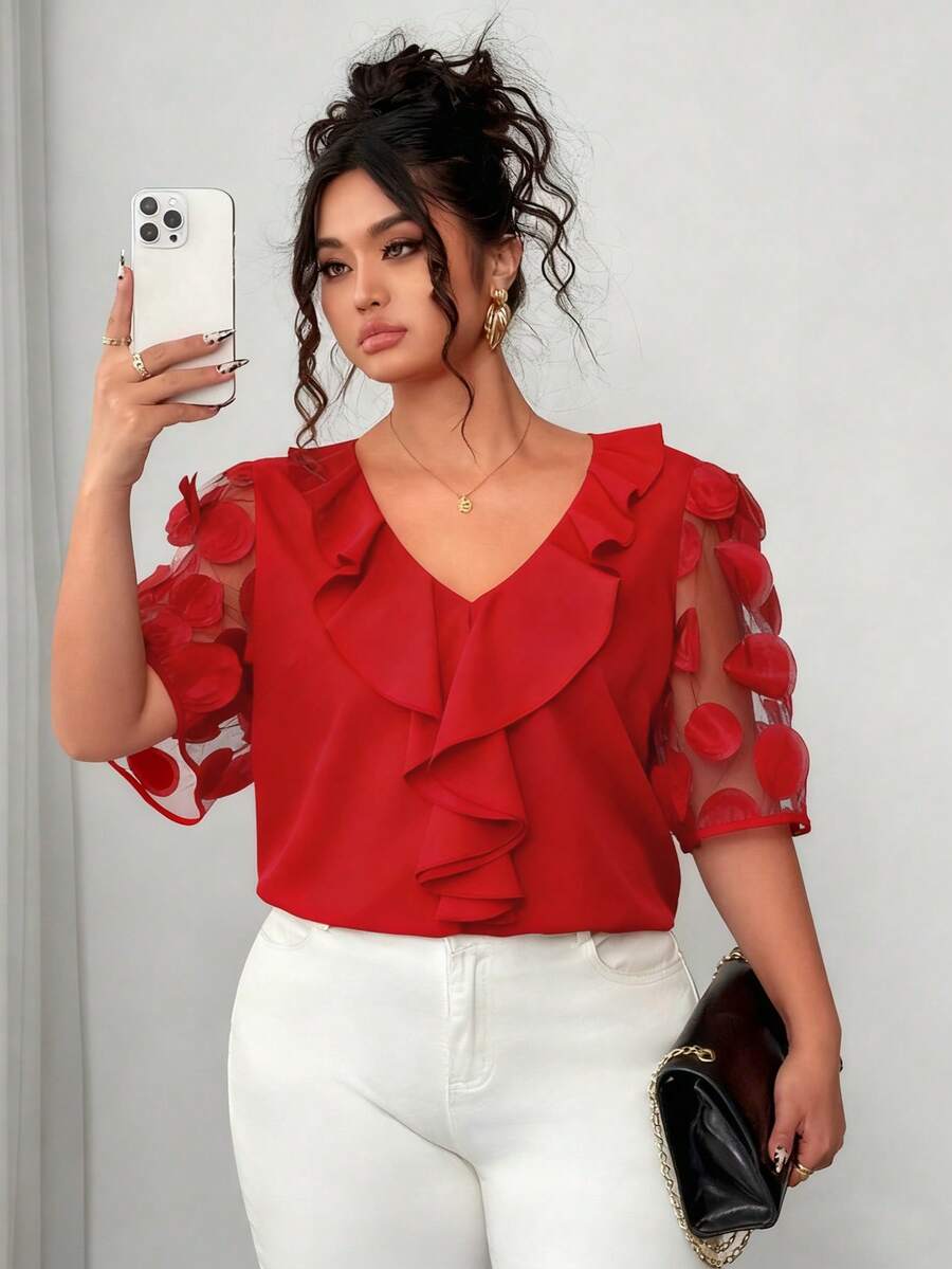 Elenzga Plus Size Women's Sheer Patchwork Puff Sleeve Solid Color V-Neck Ruffle Hem Blouse, Summer - Red - View 1