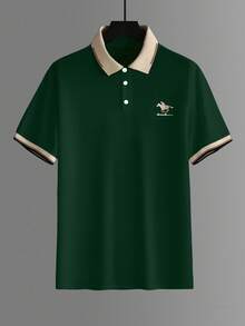 Manfinity Mode Men's Business Casual Ribbed Collar Short Sleeve Polo Shirt - Dark Green - View 3