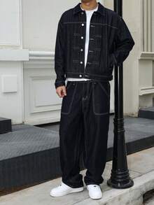 Manfinity EMRG Men's Dark Blue Denim 2 Pieces Set, Casual Jacket And Loose Fit Pants, Spring/Autumn Baggy Jeans Men Wide Leg