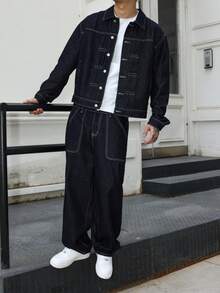 Manfinity EMRG Men's Dark Blue Denim 2 Pieces Set, Casual Jacket And Loose Fit Pants, Spring/Autumn Baggy Jeans Men Wide Leg