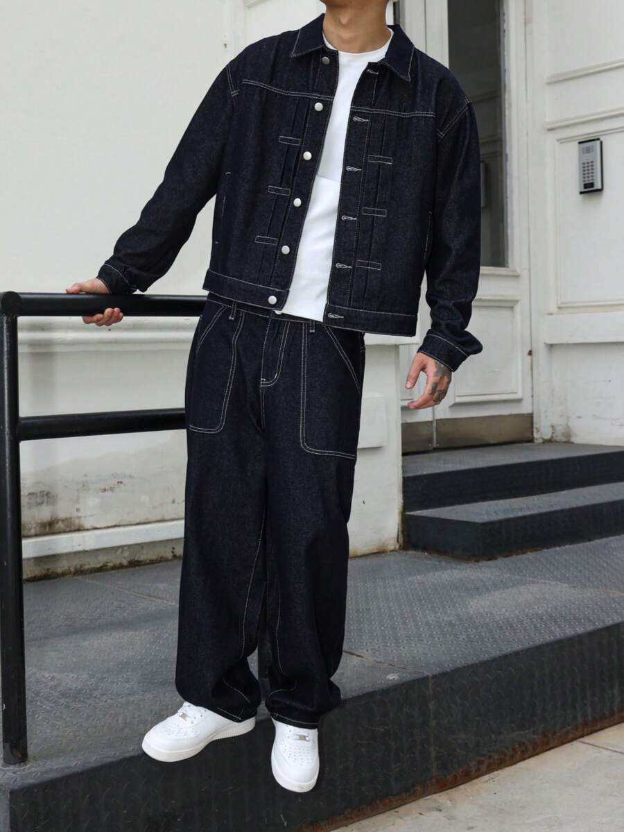 Manfinity EMRG Men's Dark Blue Denim 2 Pieces Set, Casual Jacket And Loose Fit Pants, Spring/Autumn Baggy Jeans Men Wide Leg