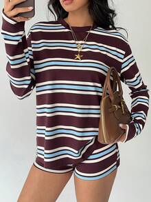 Aloruh Bộ đồ 2 món thường ngày áo thun dài tay cổ tròn trễ vai kẻ sọc và quần short cho nữ - Màu Khaki - Xem 6