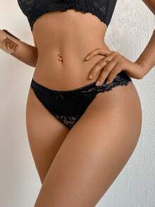 Bragas de bikini cómodas con parches de encaje y lazo para mujer - Negro - Ver 3