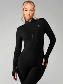 Missguided x Playboy Long Sleeve Zip Front Athletic Jumpsuit Fitted Full Length One Piece Activewear Bodysuit For Workout Training Gym Exercise - Black - View 3