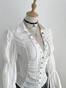 Elamini Women's White Long Sleeve Shirt, Elegant Styling, Versatile For Autumn/Winter Everyday Commute, Relaxed Fit With Textured Fabric - White - View 5