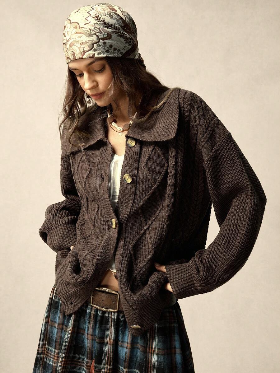 SoleilVie Áo khoác cardigan dệt kim 3D họa tiết kim cương kiểu Pháp thanh lịch dành cho nữ, màu nâu, áo cardigan dệt kim, áo cardigan cài nút, áo khoác màu nâu cho nữ. - màu nâu - Xem 1