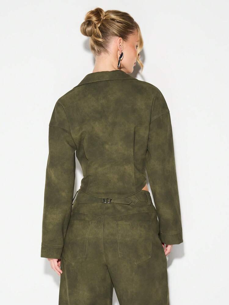 KIZN Olive Suede Zip Up Cropped Jacket With Long Sleeves And Collared Neckline Fall Winter Outerwear