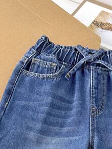 SHEIN 少女蓝色保暖宽松牛仔裤 - 中等水洗藍 - 查看 5