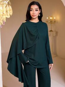 Al Najma Conjunto de ropa elegante de unicolor con estilo árabe para mujer - Verde - Ver 6