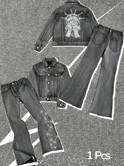 Bolty 2Pcs Tween Boy Fashion Casual Y2k Vintage Cool Street Two Pieces Set Of Black Denim Lapel Long-Sleeved Jacket With Portrait Pattern And Street-Style Side-Pressed Diamond Design Stretch Skinny Jeans For Kids Clothes Tween Boy Dailywear And Kids Winter And Fall Rave Outfits Festival And Outfits Streetwear Clothes