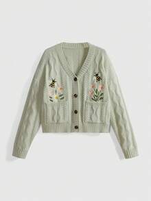 ROMWE Áo khoác cardigan thêu hoa cổ điển, áo len ngắn cổ chữ V dệt kim màu xanh lá cây nhạt, áo khoác thường ngày thiết kế túi nghệ thuật - Màu xanh Bạc hà - Xem 1