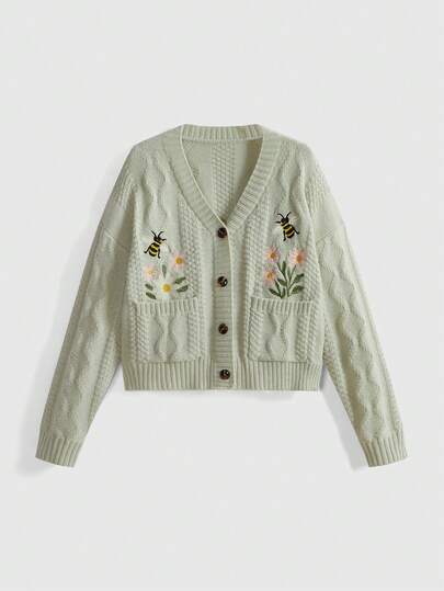 Cardigan vintage à fleurs brodées, pull court à col en V tricoté torsadé vert clair, veste décontractée avec design de poche artistique