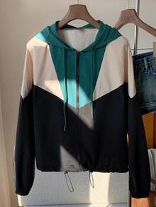 SHEIN EZwear Colorblock Zip Up Drawstring Hooded Jacket In Fall/Winter - Multicolor - View 3