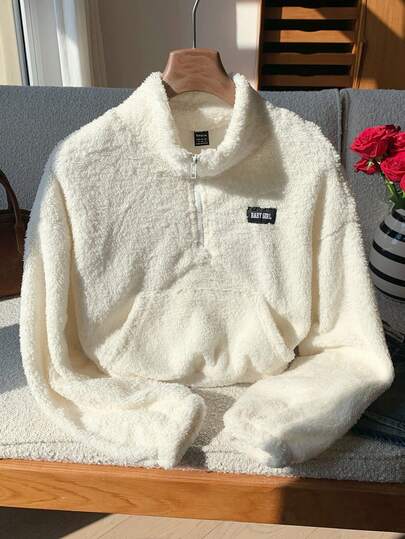 SHEIN EZwear Sudadera con bolsillo canguro, detalle de parche de letra y hombros caídos, manga larga, para otoño/invierno