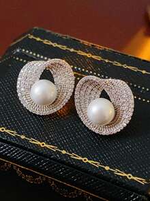 Ellevyn 女士锆石圆形珍珠耳环个性化不对称耳钉优雅高感简约珠宝婚礼女孩女士日常派对配饰、时尚珠宝、最佳朋友礼物 - 銀色 - 查看 12