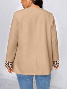 EMERY ROSE Plus Size Women Casual Long Sleeve Blazer Jacket With Leopard Print Patchwork - Khaki - View 2