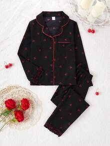 Contrast Trim Cherry Print Lace Trim Girls Pajama Set - Black - View 1