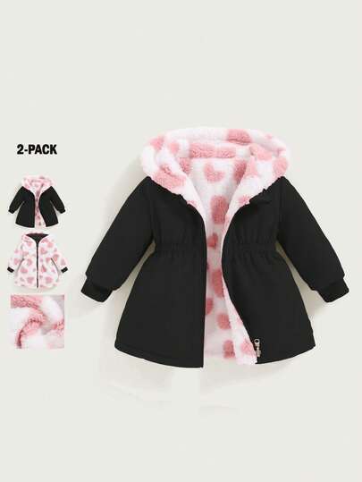 SHEIN 2件装双面女婴秋冬季休闲加厚抓绒爱心装饰收腰长外套，保暖外衣