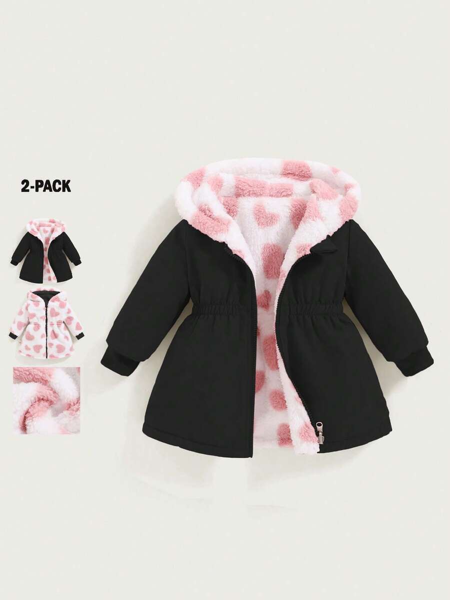 SHEIN 2 قطعة/عبوة معطف طويل مزين بالقلوب للفتيات الرضع، قابل للعكس، سميك من الفليس للخريف/الشتاء، ملابس خارجية دافئة - الأسود - مشاهدة 1