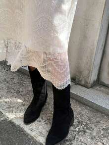 DAZY Chân váy chữ A phối ren hoa thanh lịch dành cho nữ, thích hợp cho mùa xuân. - Màu be - Xem 3