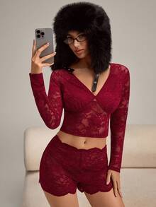 SHEIN Women's Sexy Romantic Sheer Lace V-Neck Long Sleeve Bustier Crop Top & Shorts Pajama Set - Burgundy - View 4