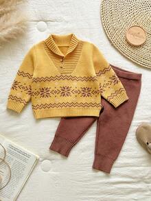 SHEIN Vintaside Kids Baby Boys Knit Sweater Set,Shawl Collar Pullover & Pants,Winter Snowflake Pattern,Brown And Yellow Polka Dot,Autumn,Modest,Matching Family,Toddler - Multicolor - View 1