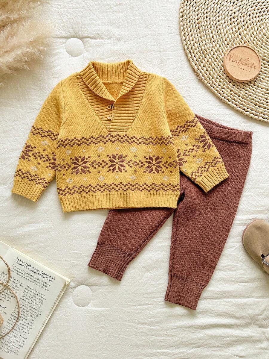SHEIN Vintaside Kids Baby Boys Knit Sweater Set,Shawl Collar Pullover & Pants,Winter Snowflake Pattern,Brown And Yellow Polka Dot,Autumn,Modest,Matching Family,Toddler - Multicolor - View 1