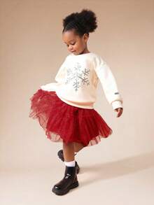 SUMWON Set coordinato da ragazza per l'inverno e le vacanze, con felpa con cappuccio e gonna in tulle scintillante con stampa di fiocchi di neve, maglione a maniche lunghe e gonna mini a ruota, outfit festivo natalizio adatto per il casual e le vacanze - Multicolore - Visualizzare 1