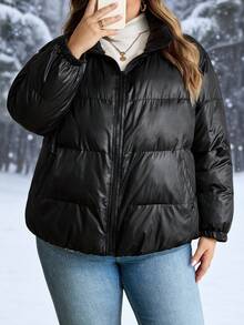 SHEIN CURVE+ Große Damen Reißverschluss Kapuzen Jacke mit Polsterung für Herbst und Winter, dick
