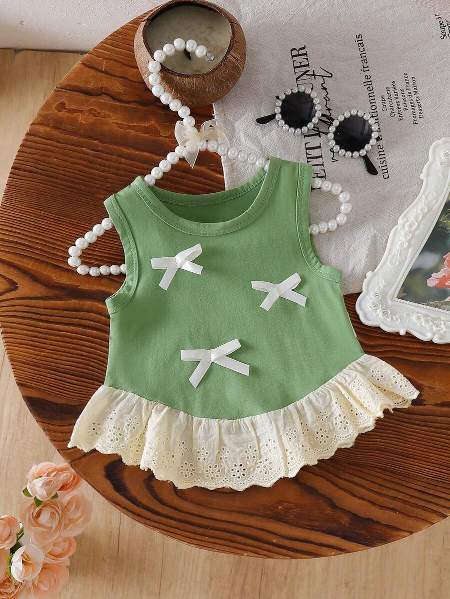 SHEIN 女婴蕾丝边无袖背心,夏季新品 - 綠色 - 查看 1