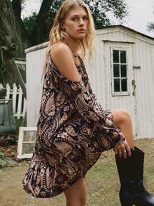 Freevana Women's All-Over Print Ruffle Hem Casual Vacation Long Sleeve Midi Dress Western Boho Summer Clothes Women Short Sets For Women - Coffee Brown - View 7