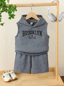 2pcs Kids Boy Casual Korean Style Letter Print Hooded Sweatshirt And Solid Color Shorts Set - Grey - View 5