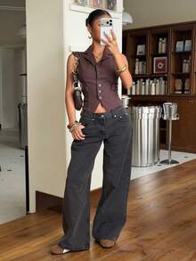 SHEIN EZwear Y2K Tops Brown Striped Woven Sleeveless Top,Tank Top - Brown - View 3