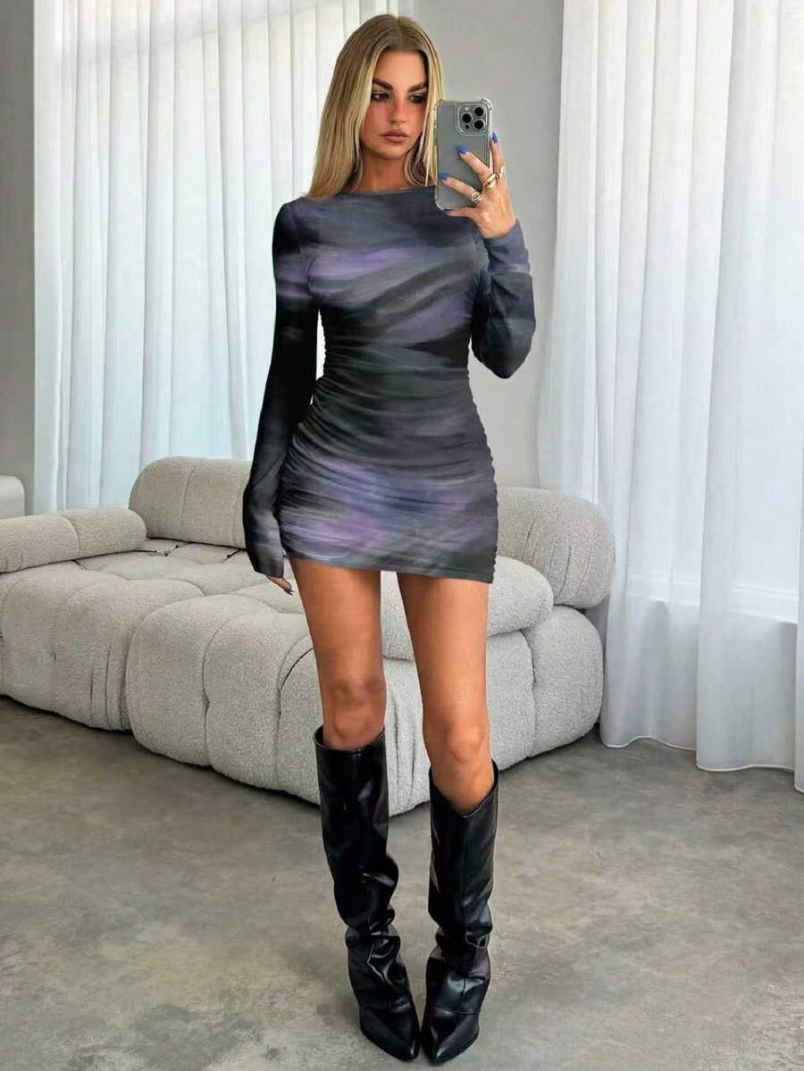 Aloruh Vestido mini ajustado con cuello redondo, manga larga, fruncido y estampado de unicolor para mujer, otoño/invierno - Rojo - Ver 1