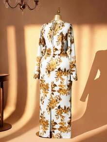 SHEIN Clasi 大码女士浪漫长吊带修身印花长裙，方领，后开衩，女士牛奶丝印花连衣裙，优雅长袖印花晚礼服，方领设计，适合春秋季节，日常、约会、派对、度假皆宜，精致优雅的美人鱼连衣裙 - 黃色 - 查看 2