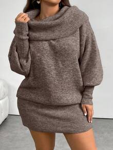Firerie Plus Size Casual Comfortable Y2K Style Off-Shoulder Long Sleeve Sweater Dress, Versatile Wear For Commuting And Daily Life, Retro Gray, Autumn/Winter - Khaki - View 7
