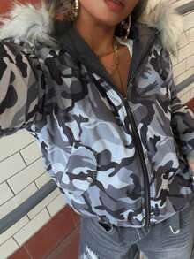 INAWLY Fur Collar Hooded Loose Women Padded Coat - Multicolor - View 8