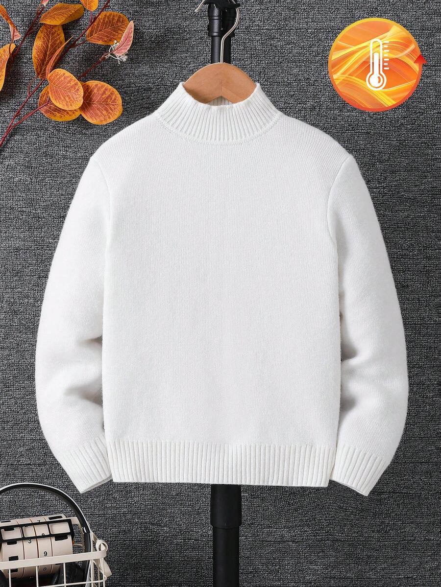 SHEIN Tween Boy Solid Color Stand Collar Long Sleeve Casual Sweater, Autumn/Winter - White - View 1