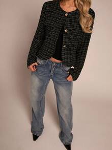 Glamine Women's Elegant Sexy Black Knitted Jacquard Long Sleeve Short Wool Blend Jacket, Autumn/Winter - Black - View 5