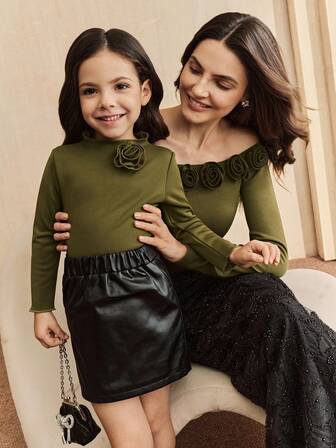 Anewsta Kleine Mädchen Minimalistische grüne Langarm T-Shirt, einfarbiges Rollkragen Unterhemd, Herbst/Winter