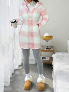 SHEIN EZwear 格子毛边拉链连帽外套，女士秋冬休闲装，秋季女装，女士冬季居家办公粉白保暖粉色外套 - 淺粉色 - 查看 5