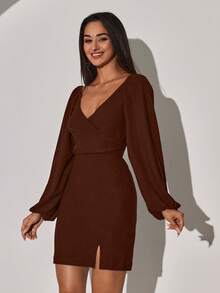 Casual Solid Color Slim Fit V-Neck Long Sleeve Women Dresses - Coklat - View 3