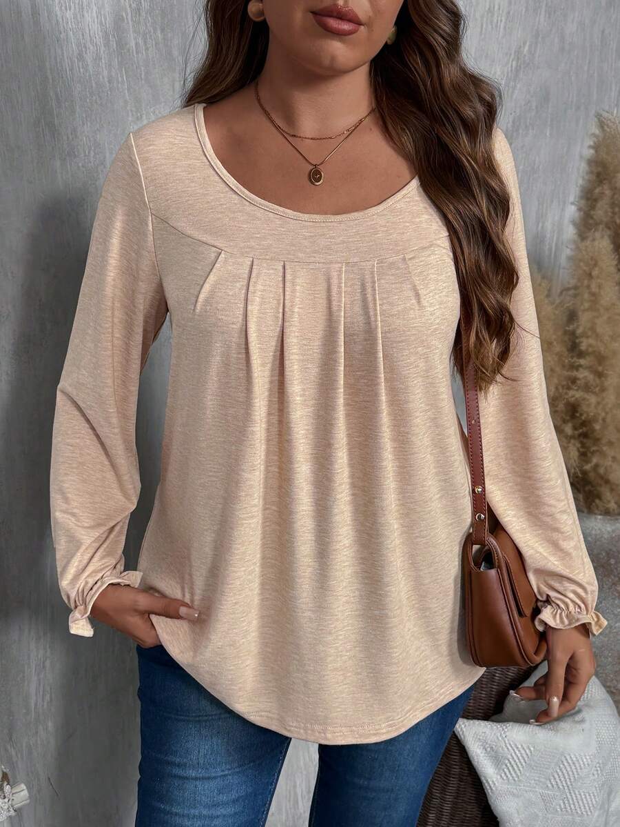 EMERY ROSE Blusa de manga larga de cuello redondo minimalista y casual para mujer de talla grande, otoño