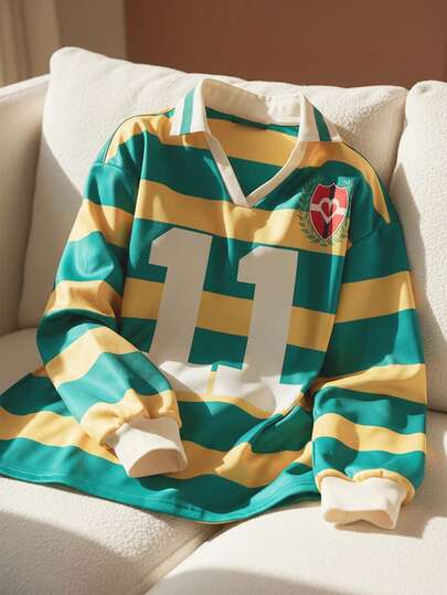 少女休闲宽松针织保暖内衬彩色条纹数字高领长袖多功能卫衣，秋冬季