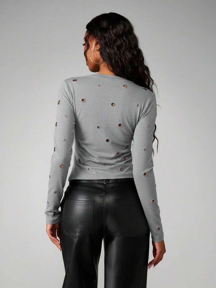 MISSGUIDED Metallic Eyelet Detail Long Sleeve Fitted Top With Grommets Round Neck Pullover