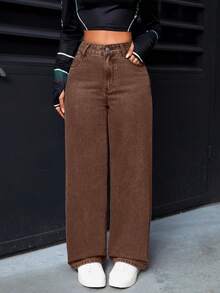 SHEIN PETITE Jeans rectos de cintura alta lavados de estilo casual para mujer - Café integral - Ver 2