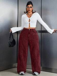 Jeanoix Quần jean ống rộng cạp cao, túi hộp, dáng rộng, thường ngày đa năng cho nữ cỡ lớn - Màu Đỏ Sâu - Xem 3