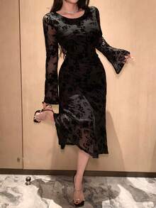 DAZY Vestido midi de manga larga, cuello redondo, texturizado, de estilo coreano elegante para mujer - Negro - Ver 7
